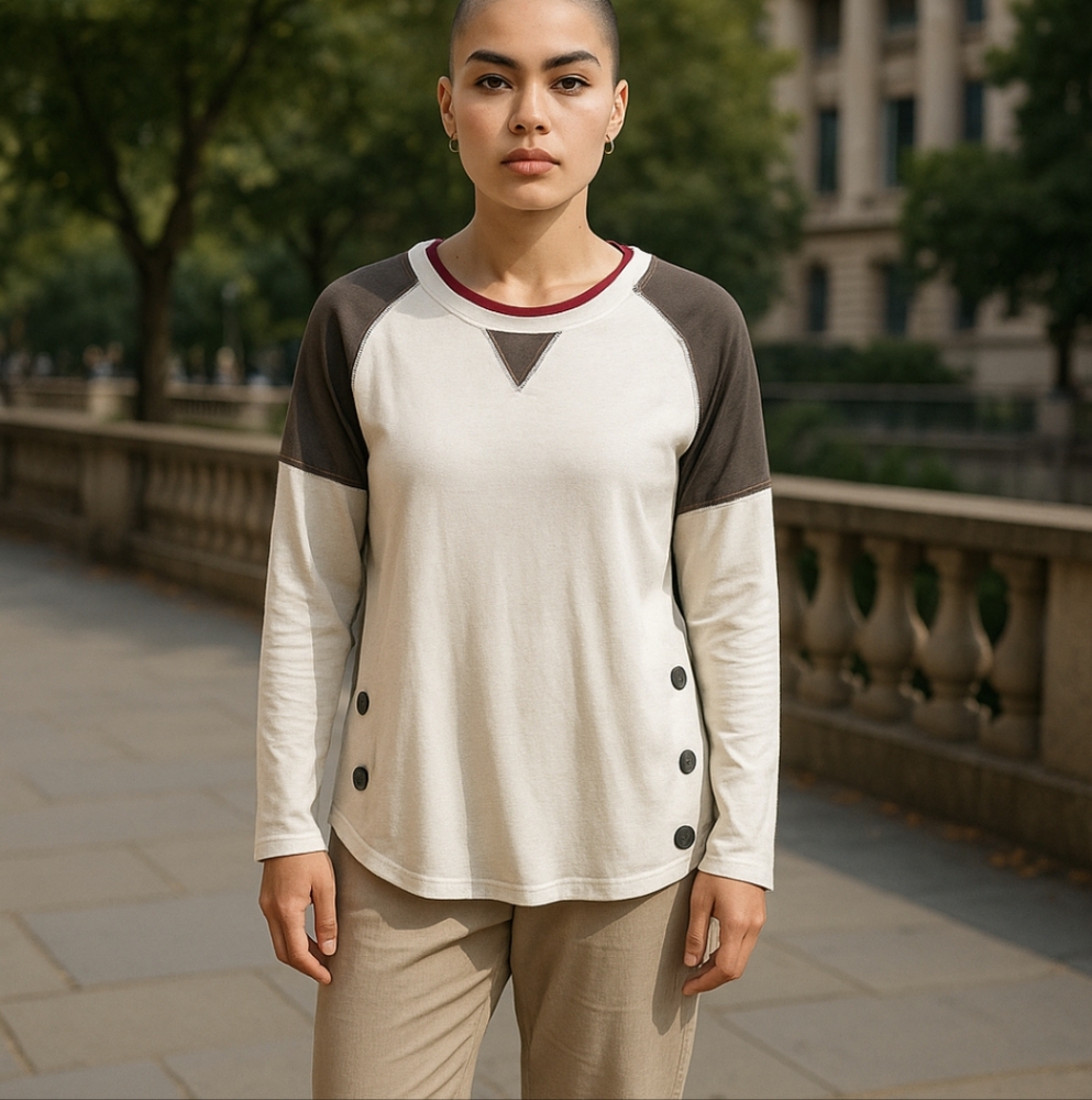 Ya Los Angeles Beige & Brown Accent Long Sleeve Sweater